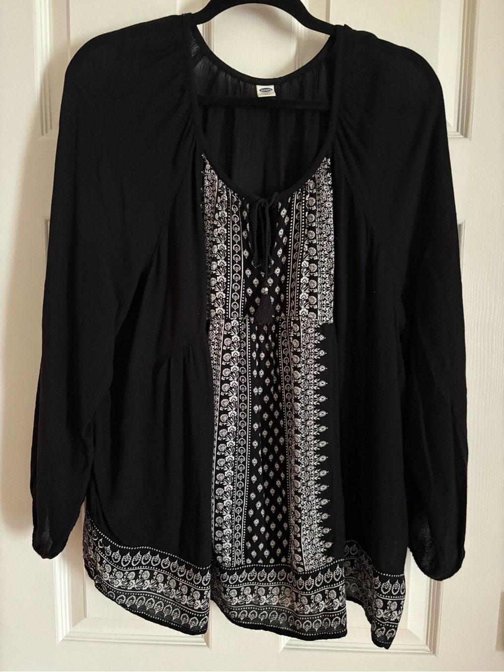Old Navy Black Blouse with White Boho Print